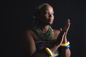 South african xhosa woman wearing colorful necklace and bracelet
