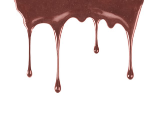 close up of chocolate syrup leaking on white background