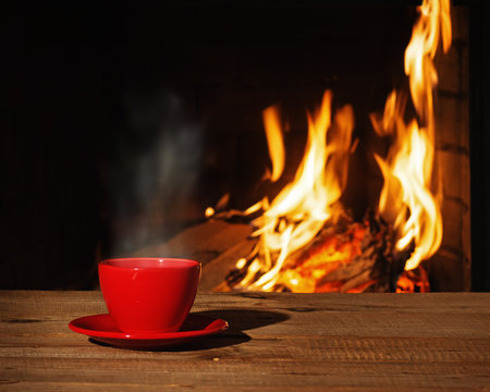 Red cup of tea or coffee near fireplace on wooden table.