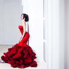 Beauty Brunette model woman in  evening red dress. Beautiful fashion luxury makeup and hairstyle....