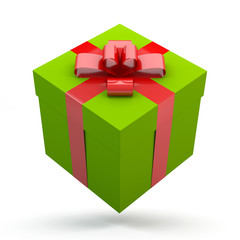 Gift box with ribbon bow on white background