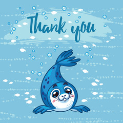 Thank you. Cute card with cartoon baby Seal. Vector illustration