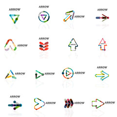 Set of linear arrow abstract logos, connected multicolored segments lines in directional pointer figures
