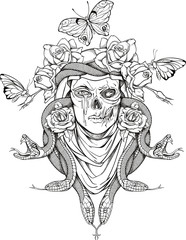 woman skull, snakes, butterflies and flowers