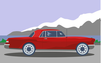 Obraz na płótnie Canvas Car on a pleasant background of sea and mountains. Vector illustration.