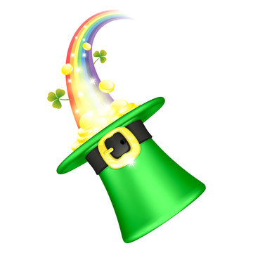 Green hat leprechaun full of gold coins and clover at the end of the rainbow, vector illustration for St Patrick's Day