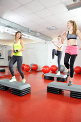 Klub fitness - ćwiczące kobiety na steperach. - obrazy, fototapety, plakaty