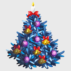 Blue Christmas tree with toys and garland 