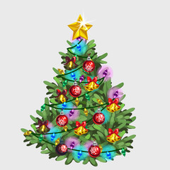 Green Christmas tree with star, ball and garland 