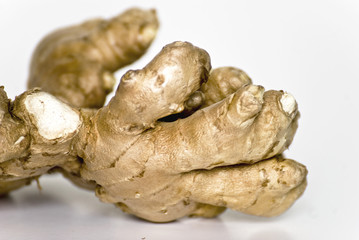 detail of ginger root similar to a hand isolated on white background