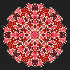 Circle ornament mandala in pink burgundy colors in dark background. Vector illustration.