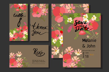 Floral background poppy and cosmos strawberries vector illustration