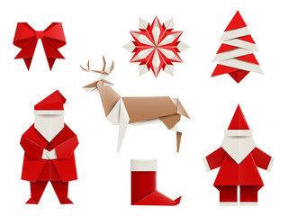 Realistic origami, Christmas set: Santa, deer, christmas tree, snowflake and so. Vector illustration, eps10, isolated on white. - obrazy, fototapety, plakaty