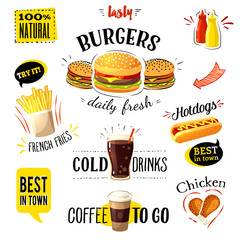 Set of colorful cartoon fast food labels, isolated on white. Vector illustration, eps10.
