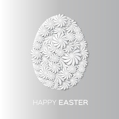Greeting card with Happy Easter - with white flower Easter Egg on grey background. Vector design illustration