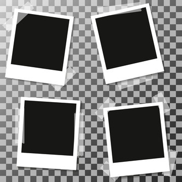 four Retro blank photography with a black place for your image in a photo album page. photo frame with shadow Sticked on tape on a transparent background for your object. Vector illustration