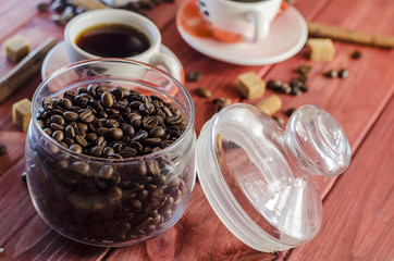 brewed coffee and coffee beans with cinnamon