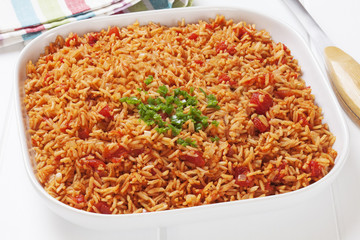 Spanish rice, perfect accompaniment for all Mexican dishes, topped with green chilli.