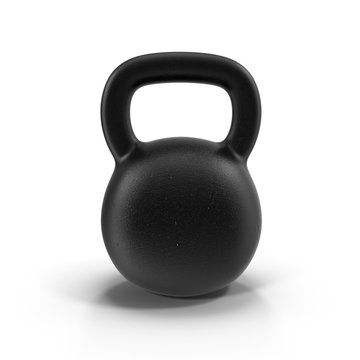 Cast iron kettlebell isolated on white with natural reflection.