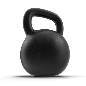 Cast iron kettlebell isolated on white with natural reflection.