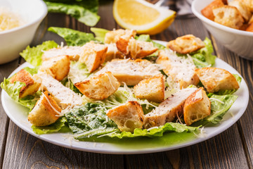 Homemade Chicken Caesar Salad with Cheese and Croutons..