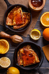 Homemade french crepes with orange syrup.