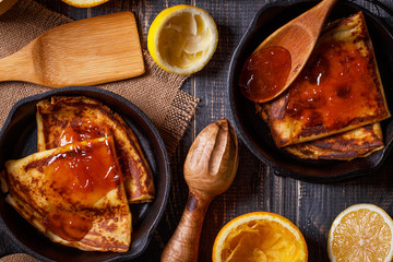 Homemade french crepes with orange syrup.