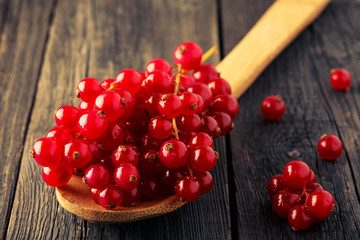 Fresh red currants in spoon on wooden background.