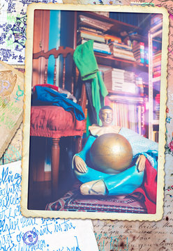 Magician in library room postcard