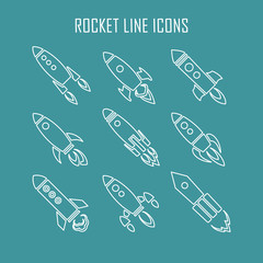 Set of nine rocket or spaceship icons isolated