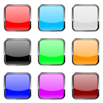Square buttons. Shiny colored buttons with metal chrome frame.