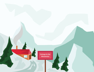 Winter Holidays. Mountain Valley and Tourist Cottage with Red Roof and Chimney. Mountains and Fir Trees. Winter Mountain Landscape Digital background vector illustration.