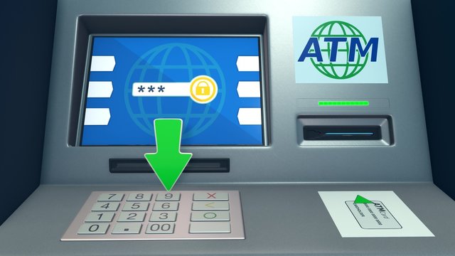 front view of an atm with a green arrow that presses the keys and enters the code (3d render)