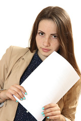 Young woman portrait with blank white banner, board on white iso
