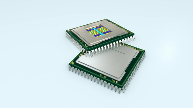 two cpus that rotate on themselves, on of them is without the cover and the core is visible (3d render)