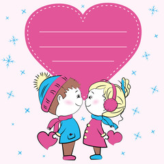 Greeting card, loving couple holding hearts