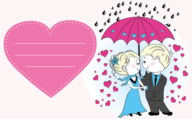 Couple in love standing under an umbrella in the rain,