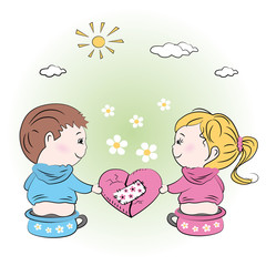 valentine's day illustration with boy and girl - obrazy, fototapety, plakaty