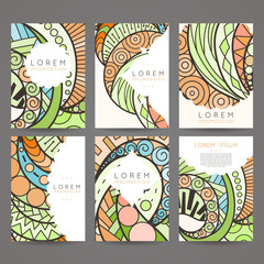 Set of vector design templates. Brochures in random colorful style. Vintage frames and backgrounds.