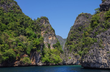 Beautiful limestone and the clear sea Phi Phi Leh south of Thailnd