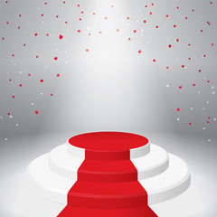 Obraz premium Illuminated stage podium with confetti and red carpet. Vector illustration