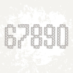 Set of five different knitted, embroidered or macrame Arabic numerals. 6, 7, 8, 9 and 0.