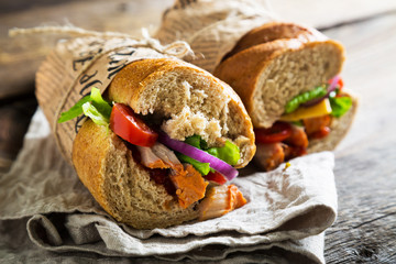 Sandwiches with meat and vegetables