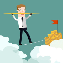  Businessman rope walk dollar sign pole.  Business concept cartoon illustration