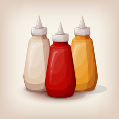 Set of delicious fast food sauces. Bottles collection of tomato ketchup, yellow mustard and mayonnaise. Cartoon style icon. Restaurant menu illustration. 