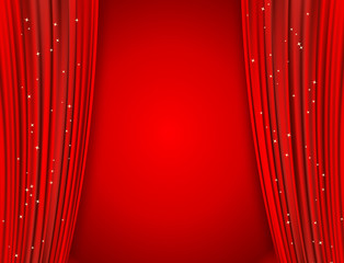 Naklejka premium red curtains on red background with glittering stars