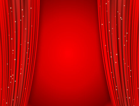 red curtains on red background with glittering stars
