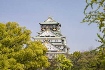 Osaka Castle with blue sky.