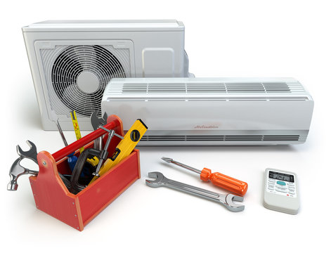 Air conditioner with toolbox and tools. Repair of air-conditione
