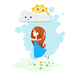 Vector illustration of a beautiful girl dancing in the rain and the sun smiling. 